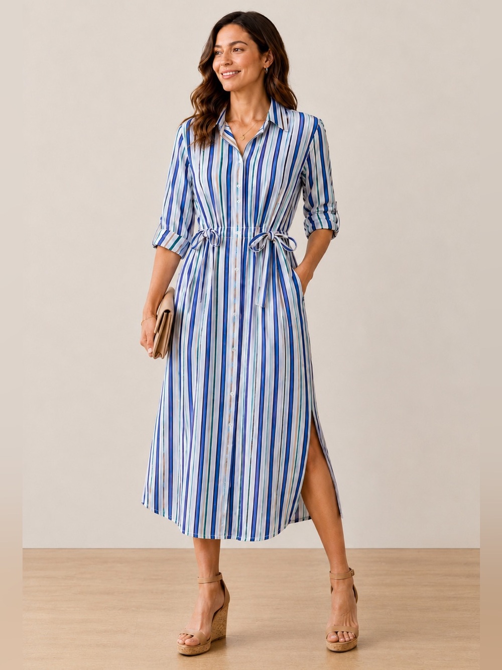 NIC+ZOE Jamie Oasis Stripe Tie Waist Midi Shirt Dress Small NWT